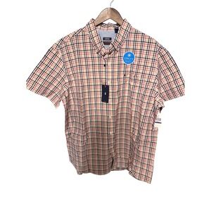 IZOD Button Down Shirt Mens XXL Orange Plaid Cool FX Short Sleeve Button Front